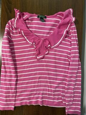 Lauren Ralph Lauren Medium Ruffled Long Sleeve T Shirt Pink Striped 100% Cotton